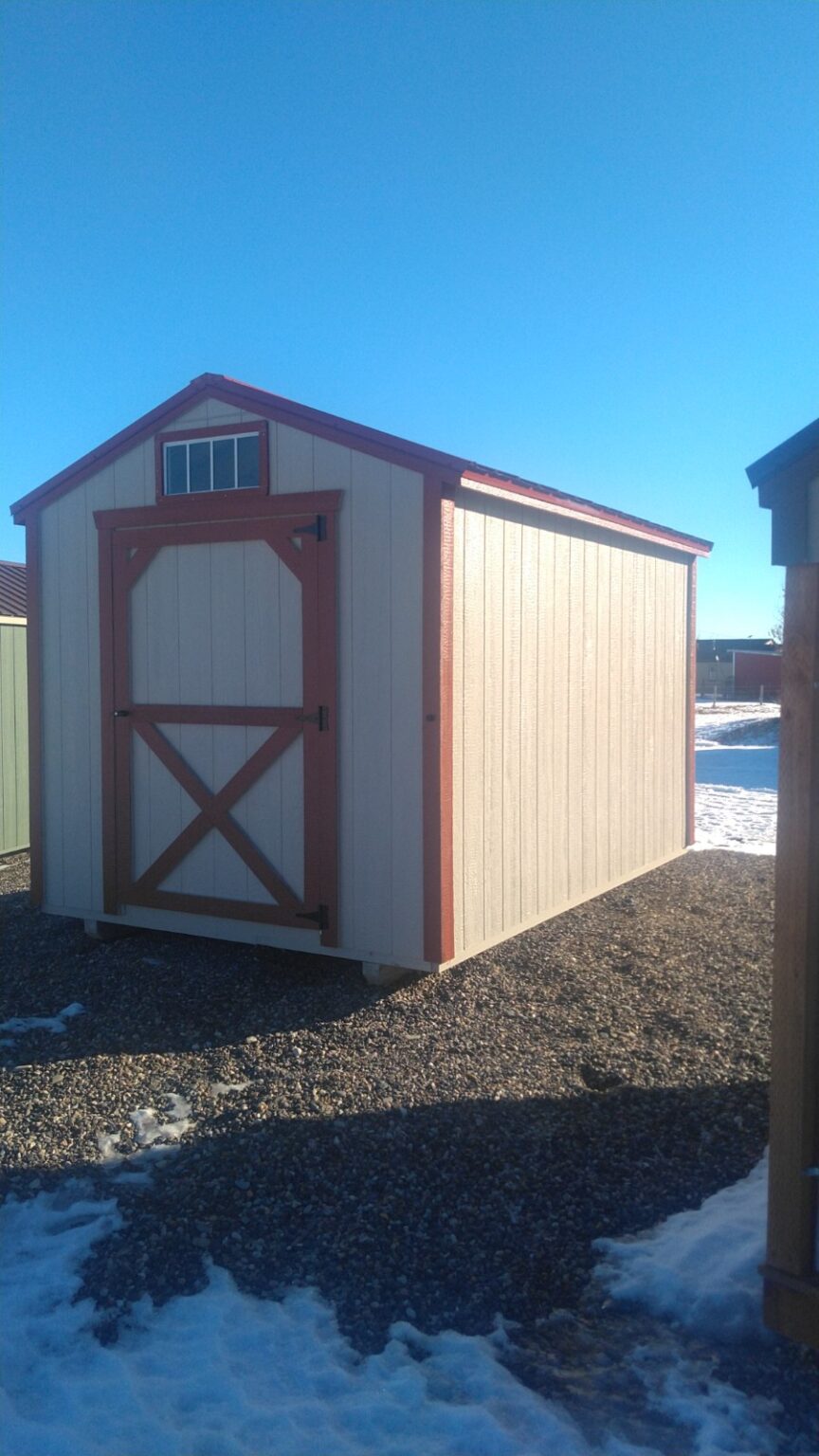 Silver maple and red 8x12 garden shed.