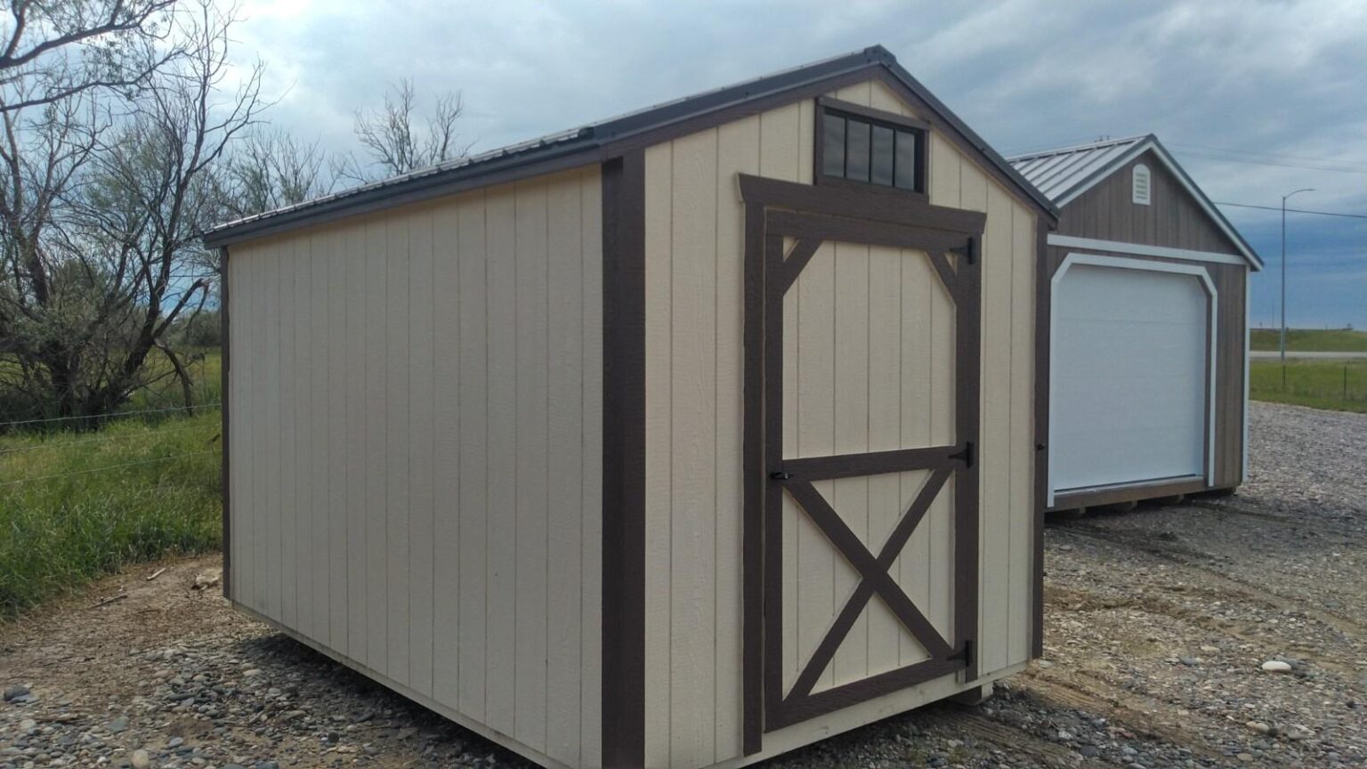 Navajo white and dark brown 8x12 garden shed.